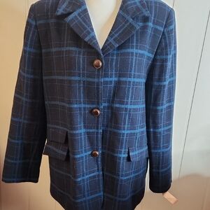 Blue Wool Plaid Blazer w/ Leather Button Closure Leather Elbow Patches Preppy